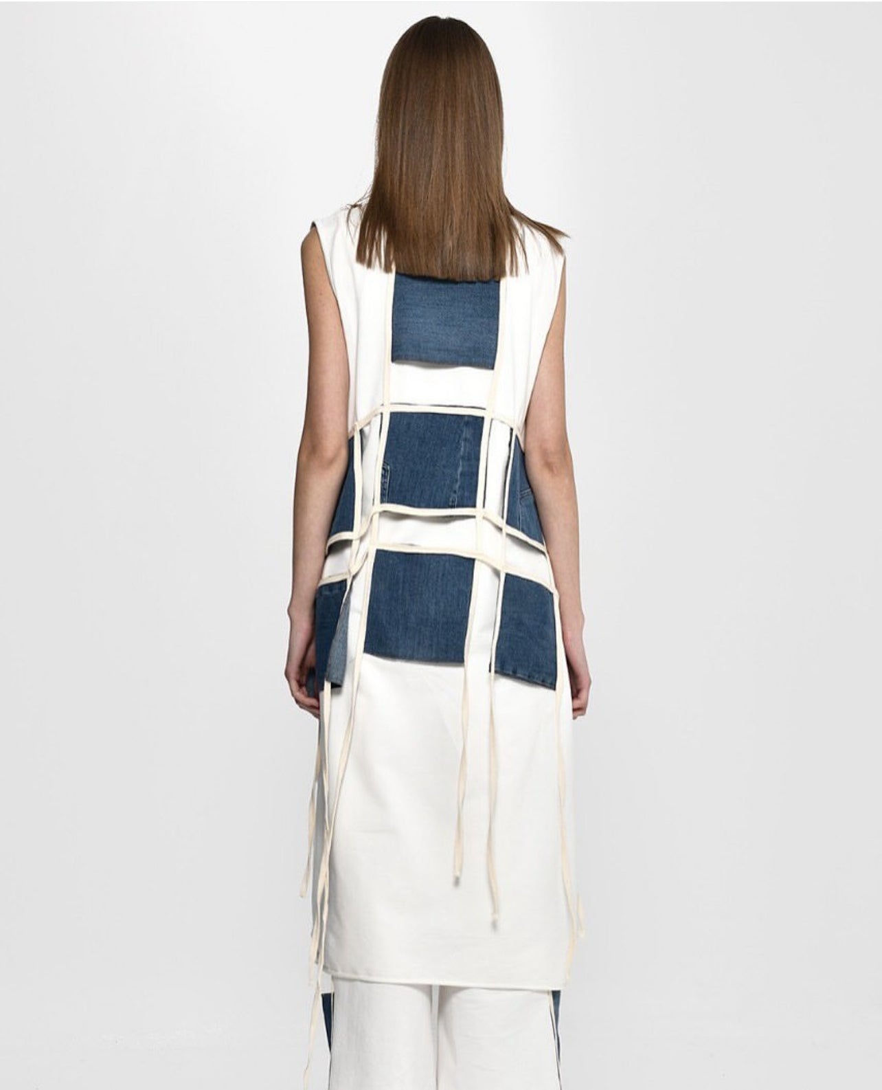 White x Denim patchwork Long Vest