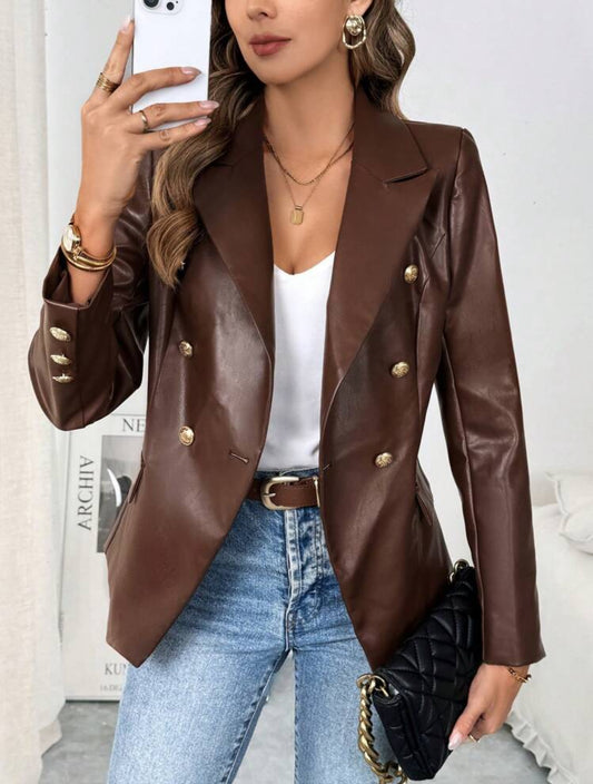Gold button chocolate brown faux leather Blazer