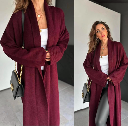 Long knit burgundy cardigan