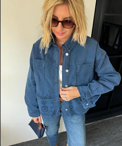 Navy Blue Denim Jacket with Scallop Detail